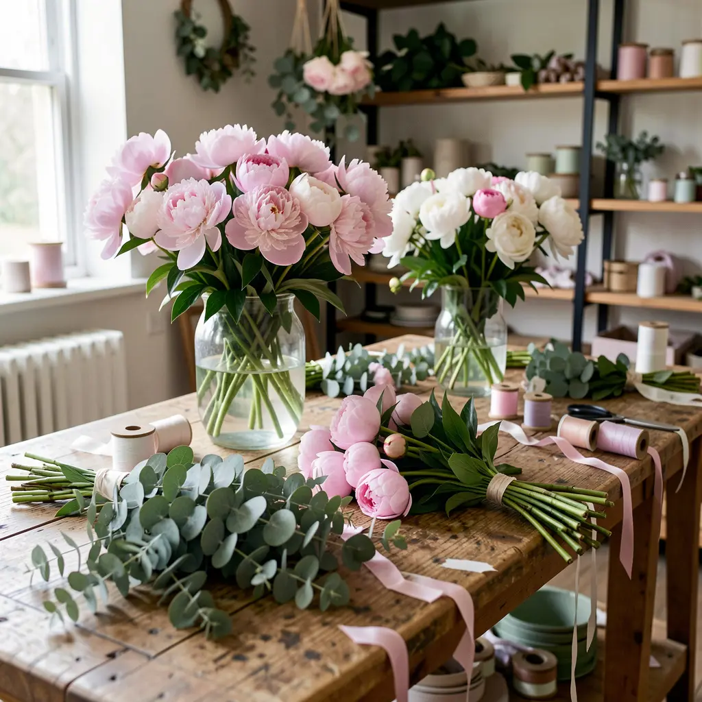 Floristry studio with fresh flowers and supplies