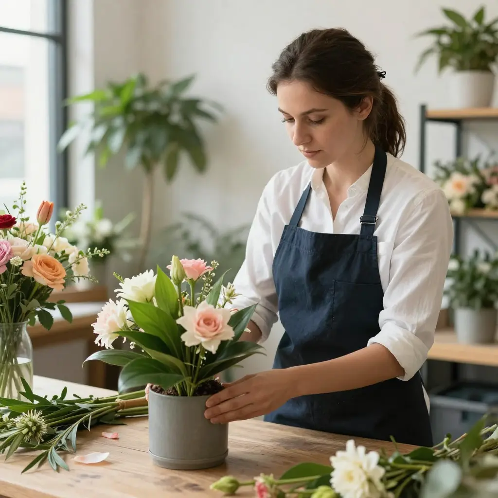 Professional florist creating arrangement